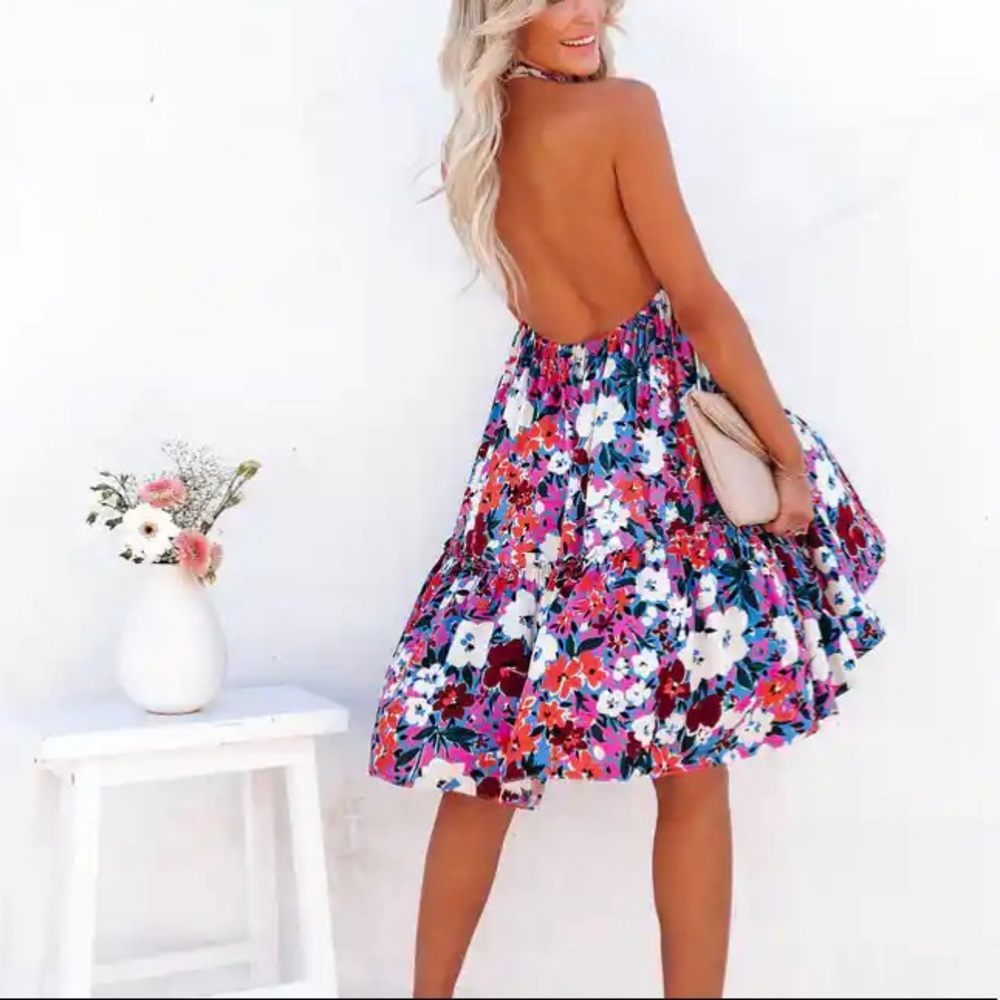 MAP OF SPRING FLORAL BACKLESS HALTER MINI DRESS - ORANGE LAVENDER -
